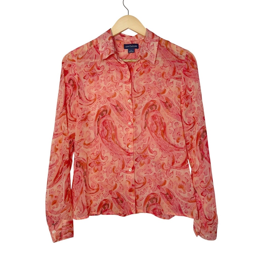 Ann Taylor Women Pink Paisley 100% Silk Long Sleeve Button Down 6 Western Boho